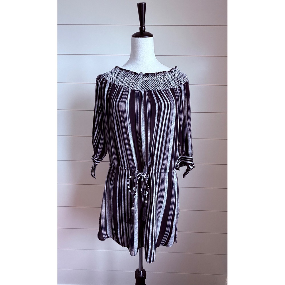 Blue Island Women Black White Striped   Beach Over Up Tassel Tie‎ NWT M